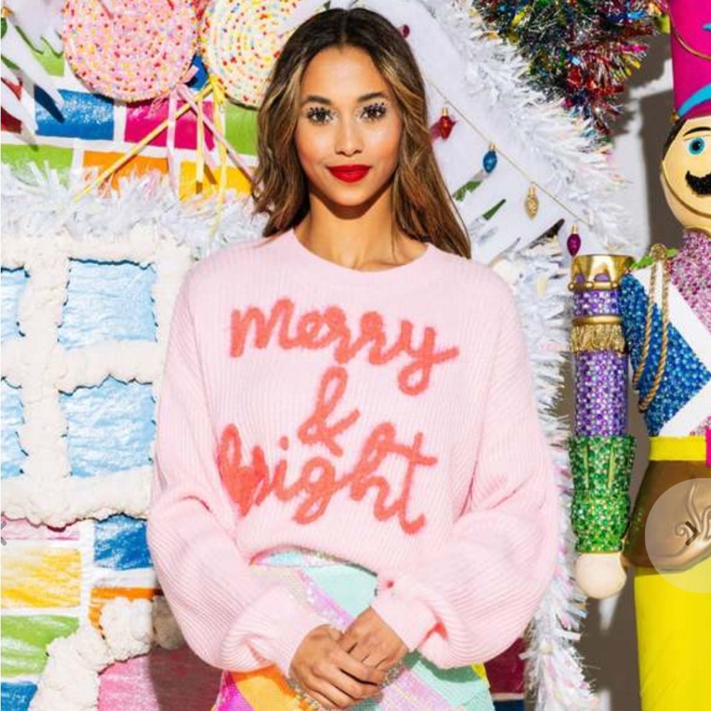 Queen Of Sparkles Sweater Womens Med! Pink Merry And Bright Cursive Crop Knit!!